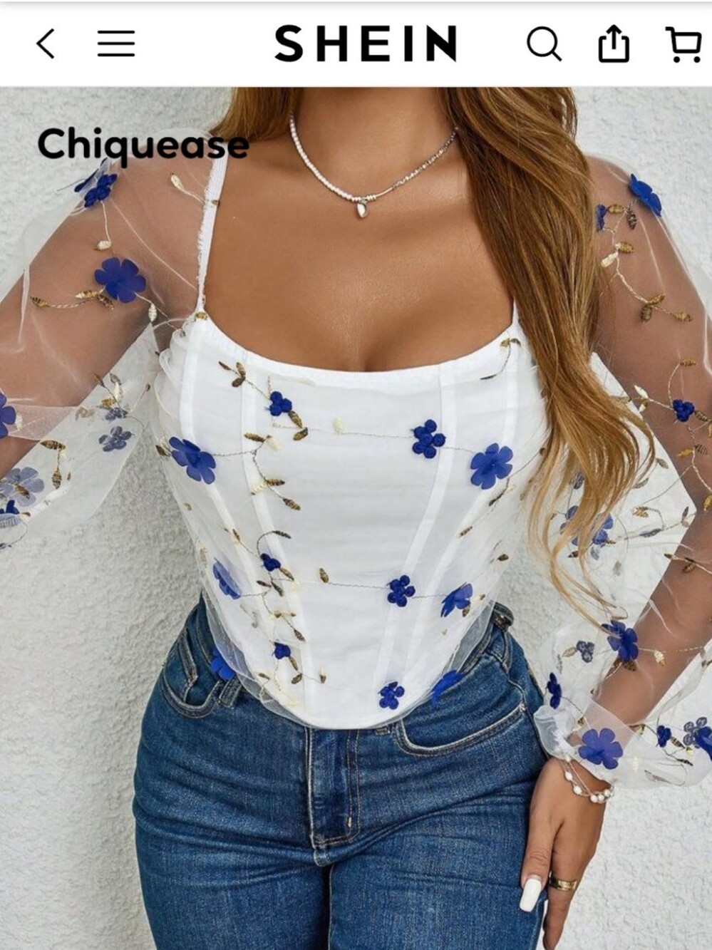 Shein Summer Floral Embroidered Mesh, Long Sleeve Top Sz L